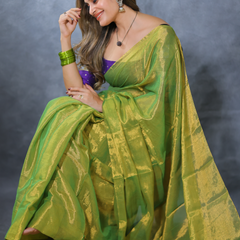 SAREEN Parrot Green Raga Cotton Tissue Saree with Radiant Golden Finish
