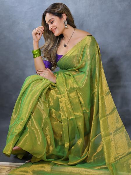 SAREEN Parrot Green Raga Cotton Tissue Saree with Radiant Golden Finish