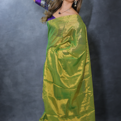 SAREEN Parrot Green Raga Cotton Tissue Saree with Radiant Golden Finish