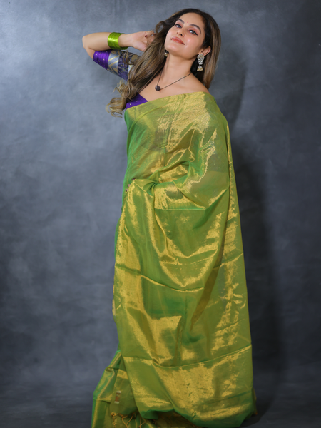 SAREEN Parrot Green Raga Cotton Tissue Saree with Radiant Golden Finish