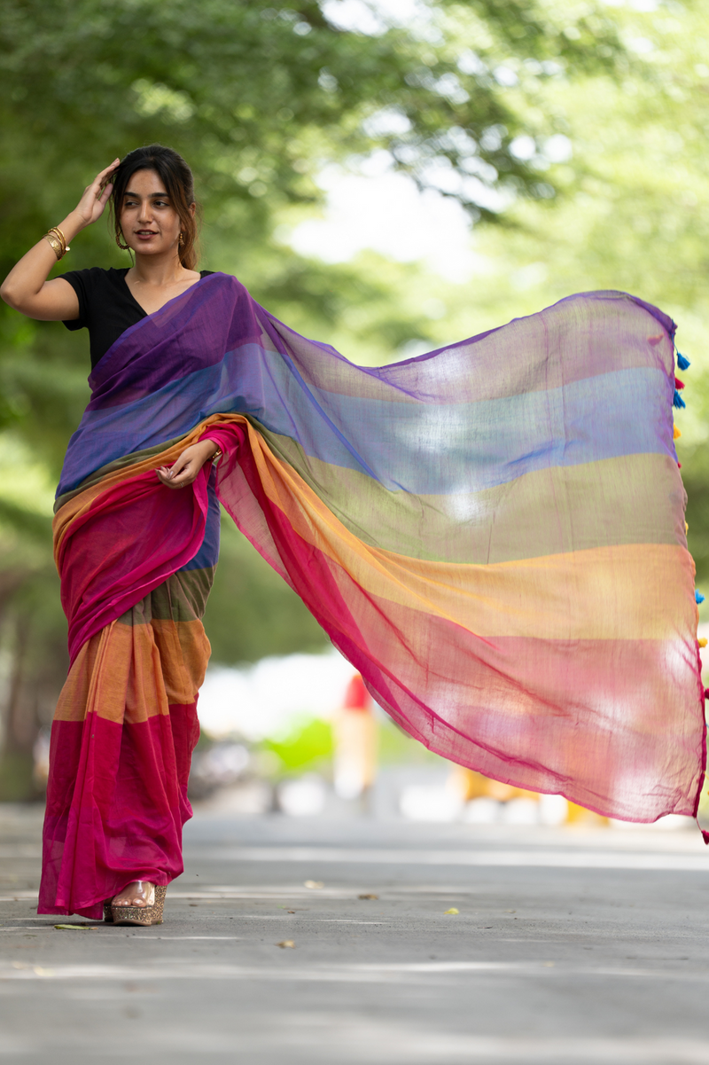 SAREEN Vibrant Multicolor Ombre Mal Cotton Saree with Rainbow Flow Pallu