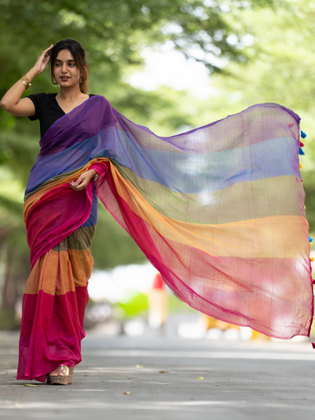 SAREEN Vibrant Multicolor Ombre Mal Cotton Saree with Rainbow Flow Pallu