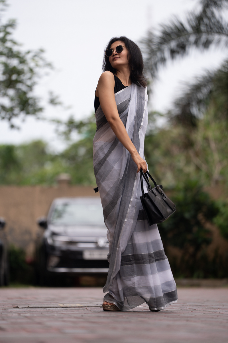 SAREEN Urban Grey Striped Mal Cotton Saree with Black & White Tassels