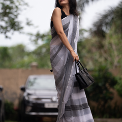 SAREEN Urban Grey Striped Mal Cotton Saree with Black & White Tassels