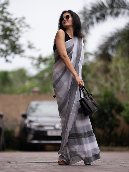 SAREEN Urban Grey Striped Mal Cotton Saree with Black & White Tassels
