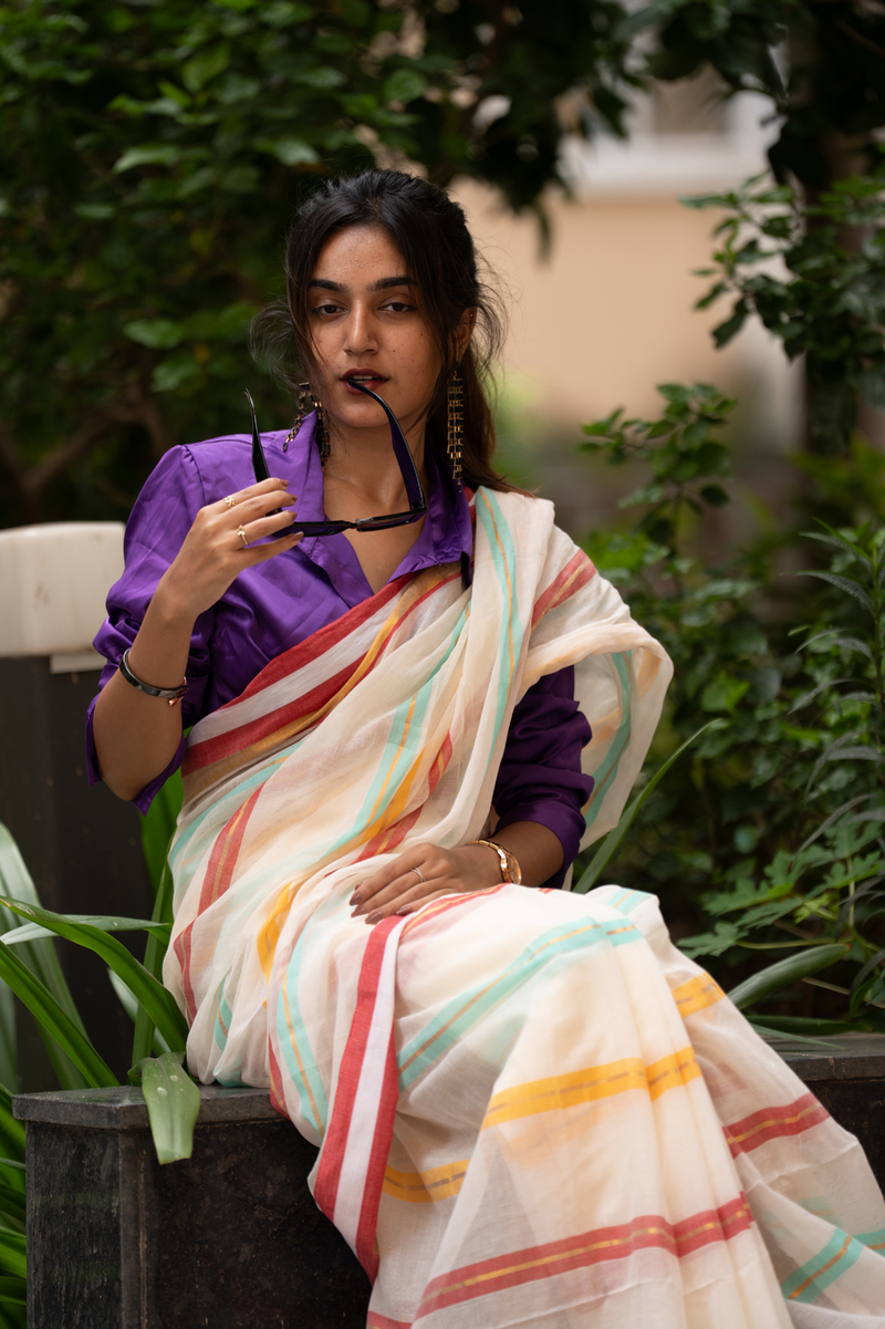 SAREEN Cream Striped Mal Cotton Saree with Multicolor Border & Tassels