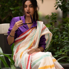 SAREEN Cream Striped Mal Cotton Saree with Multicolor Border & Tassels