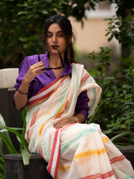 SAREEN Cream Striped Mal Cotton Saree with Multicolor Border & Tassels