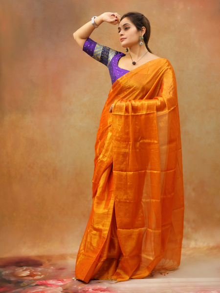 SAREEN Mustard Orange Raga Cotton Tissue Saree with Luminous Finish