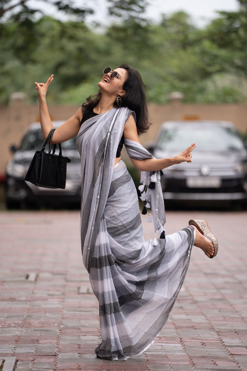 SAREEN Urban Grey Striped Mal Cotton Saree with Black & White Tassels
