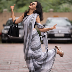 SAREEN Urban Grey Striped Mal Cotton Saree with Black & White Tassels