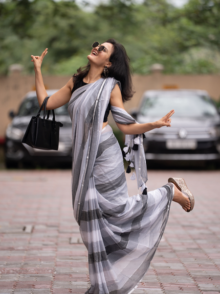 SAREEN Urban Grey Striped Mal Cotton Saree with Black & White Tassels
