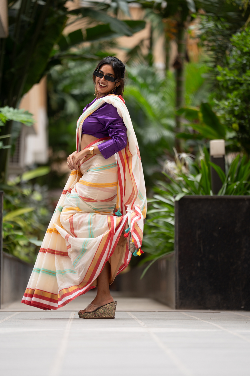 SAREEN Cream Striped Mal Cotton Saree with Multicolor Border & Tassels