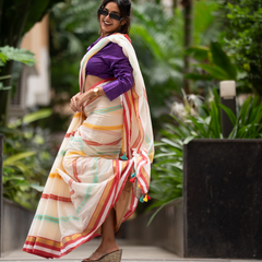 SAREEN Cream Striped Mal Cotton Saree with Multicolor Border & Tassels