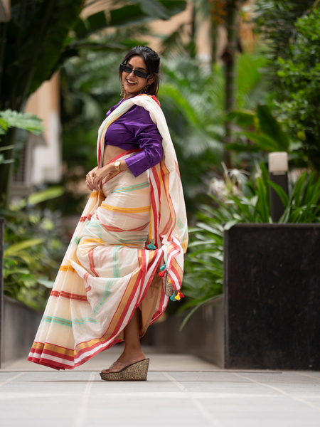 SAREEN Cream Striped Mal Cotton Saree with Multicolor Border & Tassels