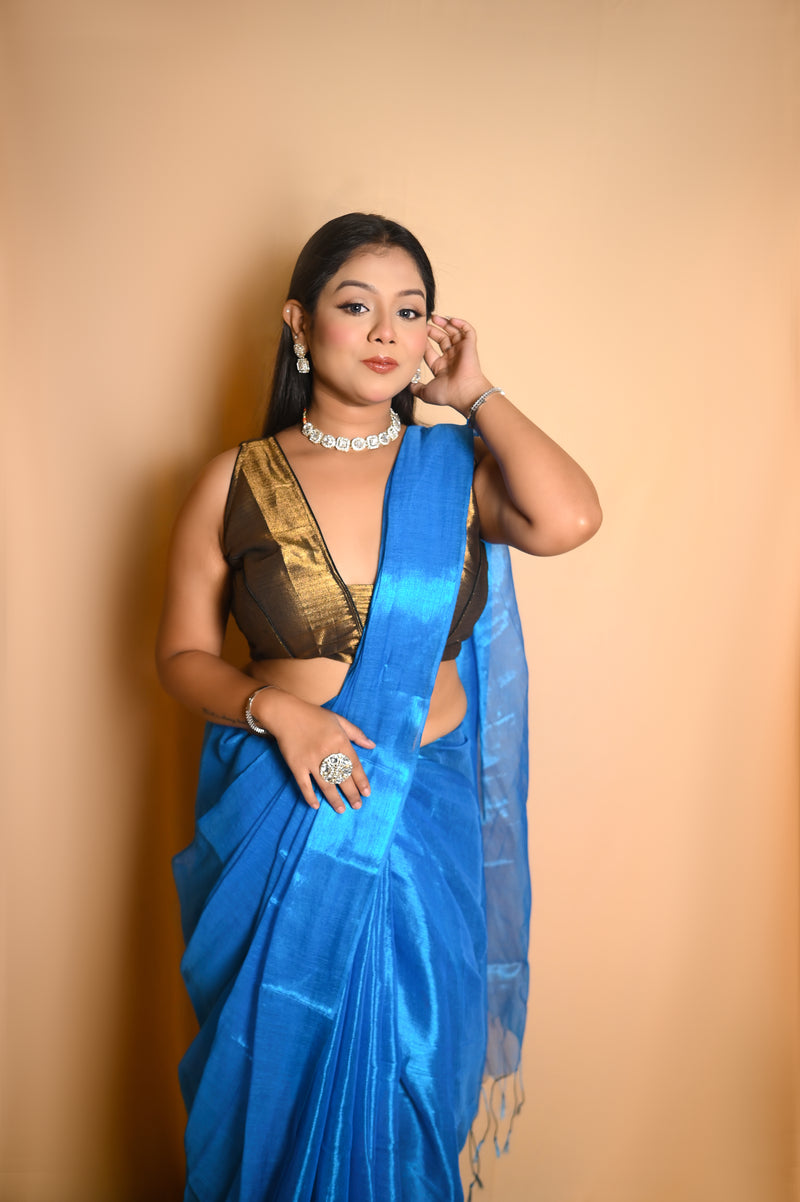 SAREEN Teal Blue Raga Tissue Saree – Premium Lightweight Festive Saree with Lustrous Finish