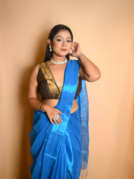 SAREEN Teal Blue Raga Tissue Saree – Premium Lightweight Festive Saree with Lustrous Finish