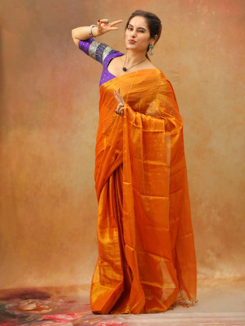SAREEN Mustard Orange Raga Cotton Tissue Saree with Luminous Finish