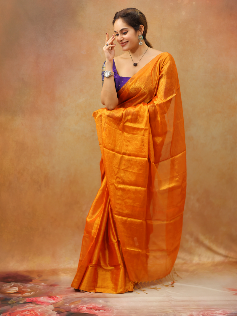 SAREEN Mustard Orange Raga Cotton Tissue Saree with Luminous Finish