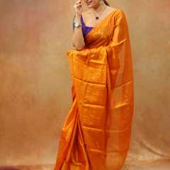 SAREEN Mustard Orange Raga Cotton Tissue Saree with Luminous Finish