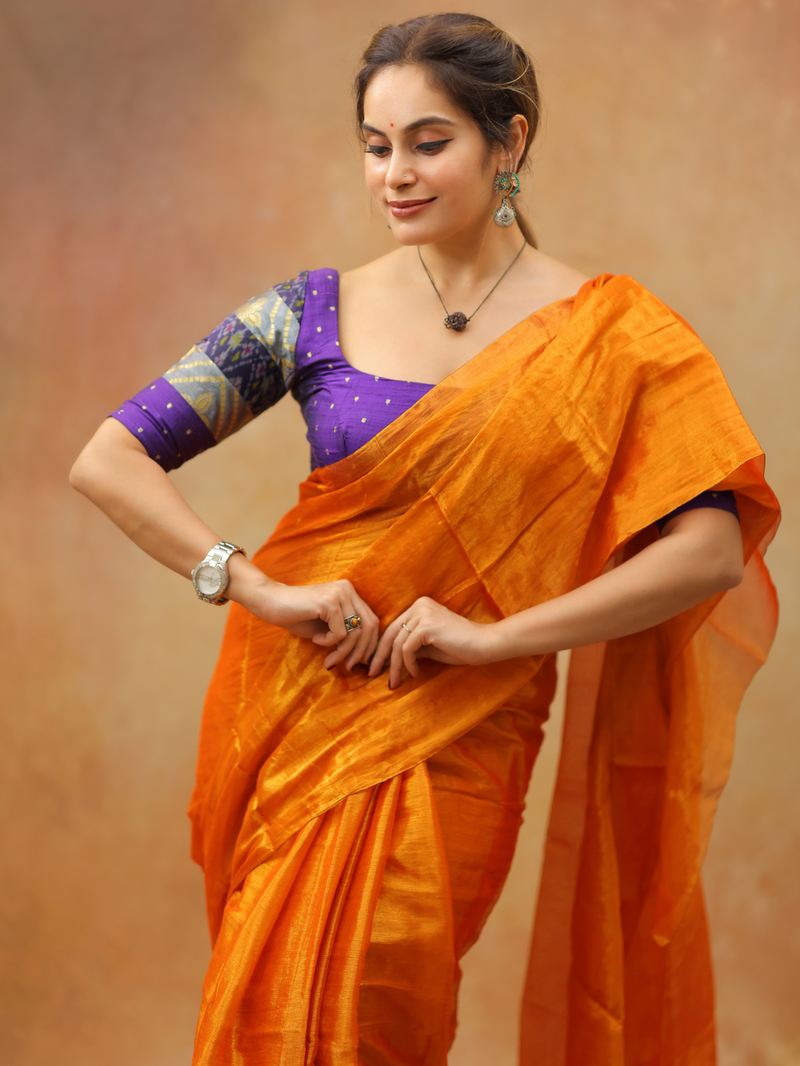 SAREEN Mustard Orange Raga Cotton Tissue Saree with Luminous Finish