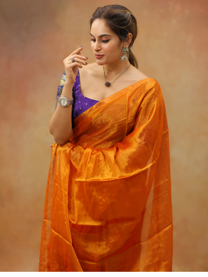 SAREEN Mustard Orange Raga Cotton Tissue Saree with Luminous Finish
