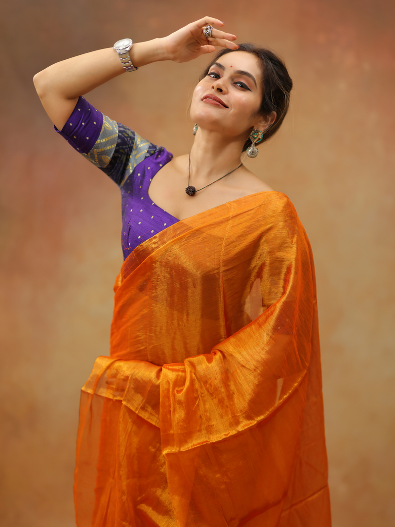 SAREEN Mustard Orange Raga Cotton Tissue Saree with Luminous Finish