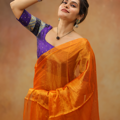 SAREEN Mustard Orange Raga Cotton Tissue Saree with Luminous Finish