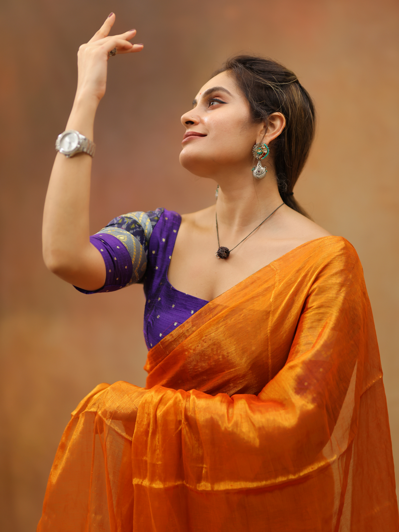 SAREEN Mustard Orange Raga Cotton Tissue Saree with Luminous Finish