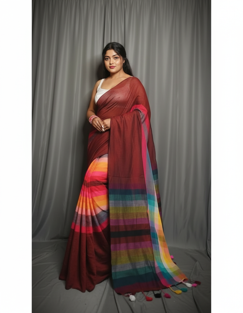SAREEN Deep Maroon Multicolor Stripe Mal Cotton Saree – Vibrant Everyday Grace