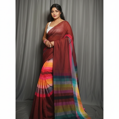 SAREEN Deep Maroon Multicolor Stripe Mal Cotton Saree – Vibrant Everyday Grace