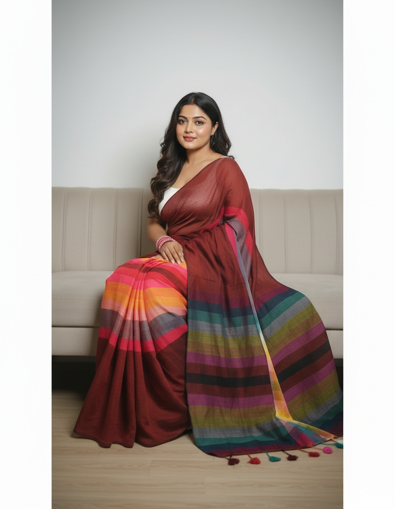 SAREEN Deep Maroon Multicolor Stripe Mal Cotton Saree – Vibrant Everyday Grace