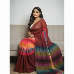 SAREEN Deep Maroon Multicolor Stripe Mal Cotton Saree – Vibrant Everyday Grace