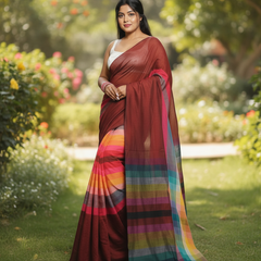 SAREEN Deep Maroon Multicolor Stripe Mal Cotton Saree – Vibrant Everyday Grace