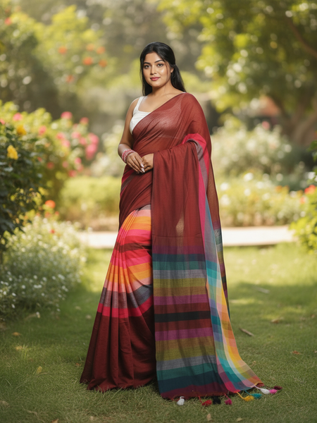 SAREEN Deep Maroon Multicolor Stripe Mal Cotton Saree – Vibrant Everyday Grace