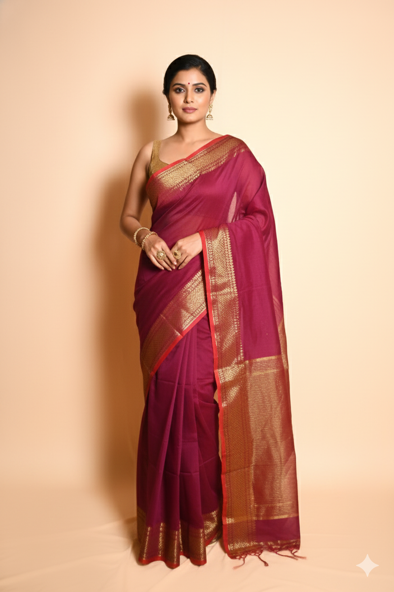 SAREEN Magenta Mangalagiri Cotton Saree with Gold Zari Border – Festive Classic
