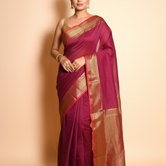 SAREEN Magenta Mangalagiri Cotton Saree with Gold Zari Border – Festive Classic