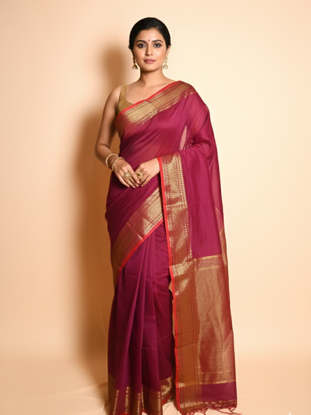 SAREEN Magenta Mangalagiri Cotton Saree with Gold Zari Border – Festive Classic