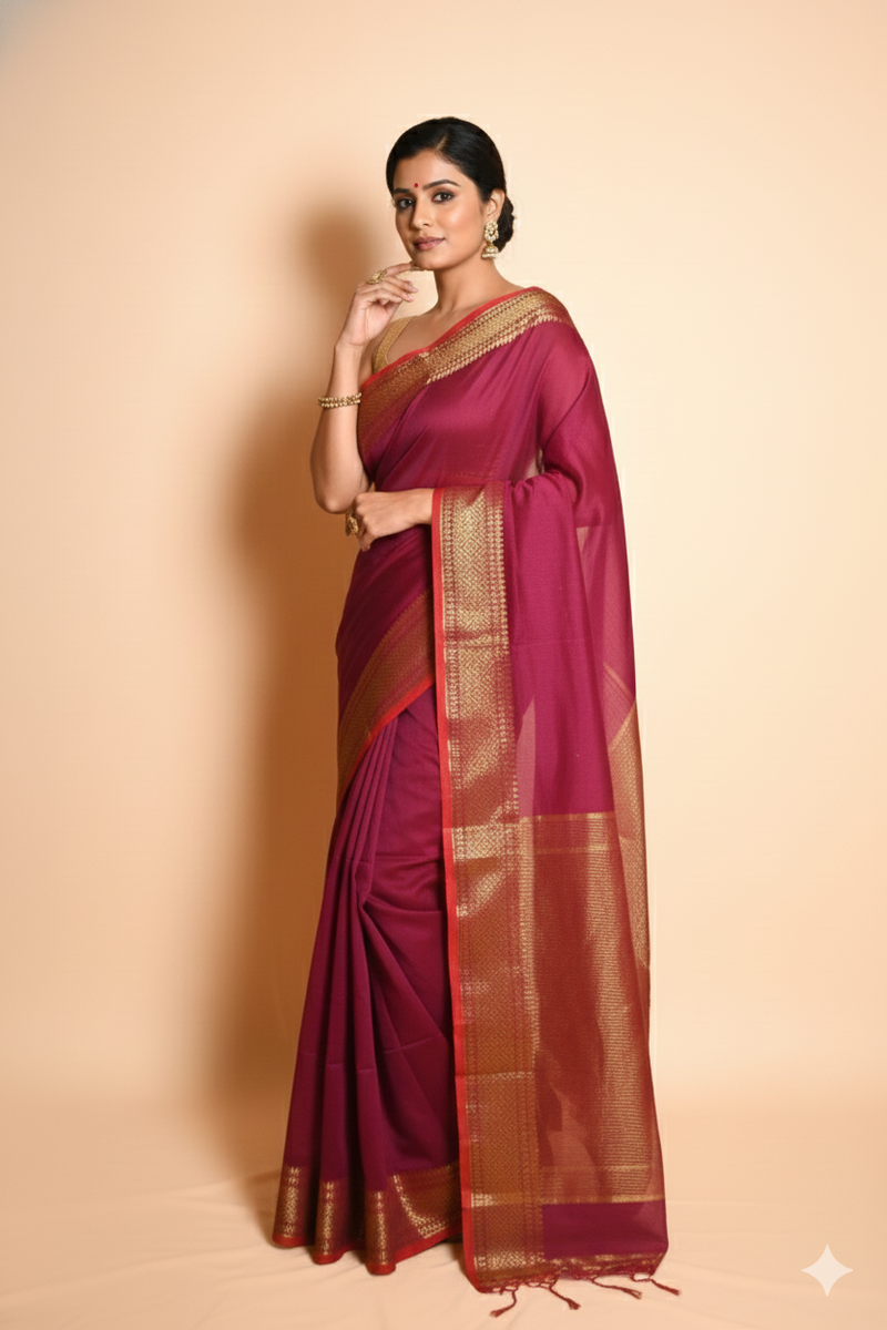 SAREEN Magenta Mangalagiri Cotton Saree with Gold Zari Border – Festive Classic