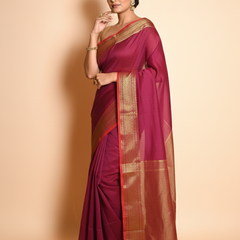 SAREEN Magenta Mangalagiri Cotton Saree with Gold Zari Border – Festive Classic