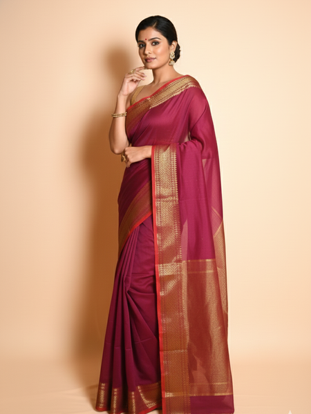 SAREEN Magenta Mangalagiri Cotton Saree with Gold Zari Border – Festive Classic