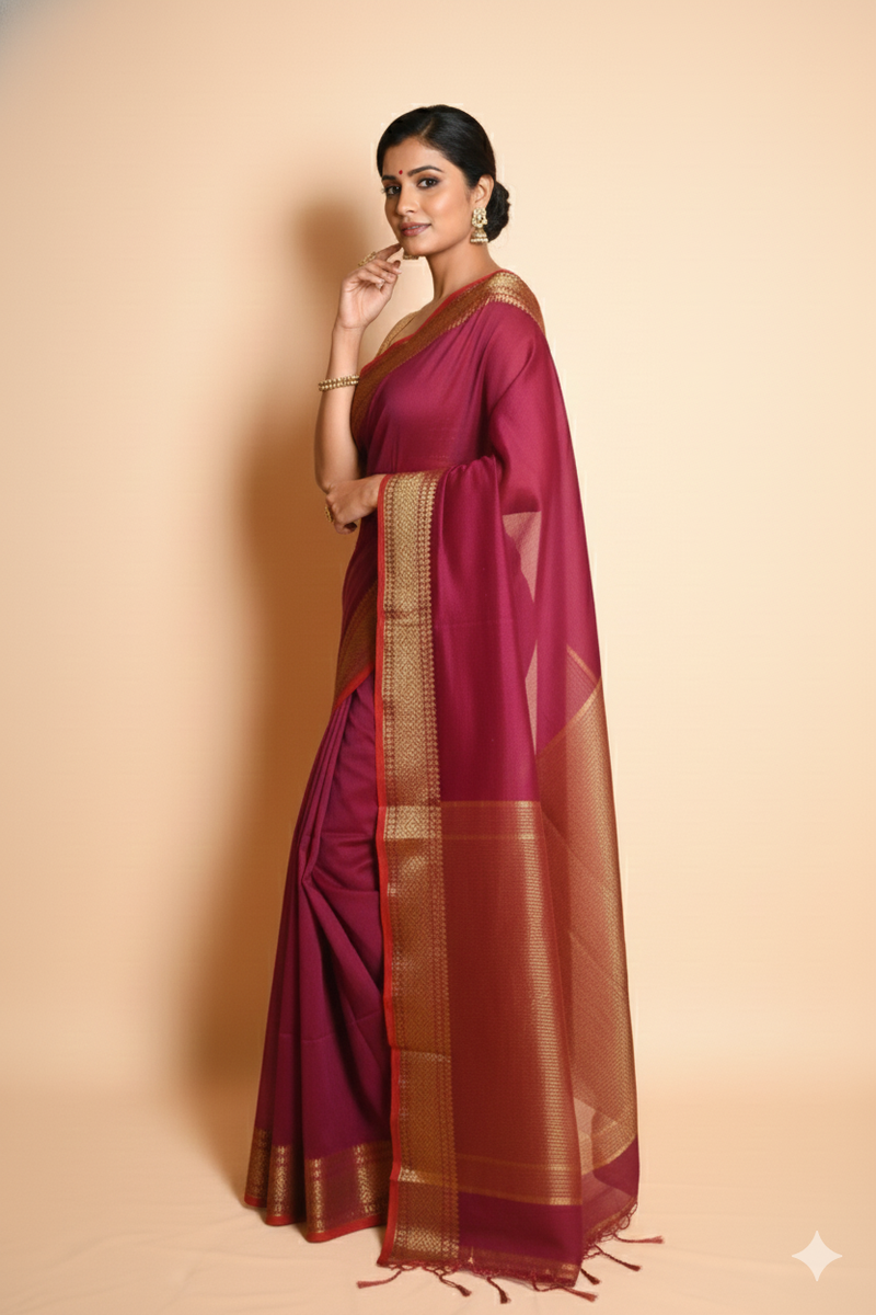 SAREEN Magenta Mangalagiri Cotton Saree with Gold Zari Border – Festive Classic