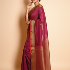 SAREEN Magenta Mangalagiri Cotton Saree with Gold Zari Border – Festive Classic