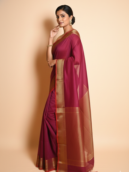 SAREEN Magenta Mangalagiri Cotton Saree with Gold Zari Border – Festive Classic