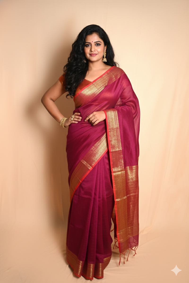 SAREEN Magenta Mangalagiri Cotton Saree with Gold Zari Border – Festive Classic
