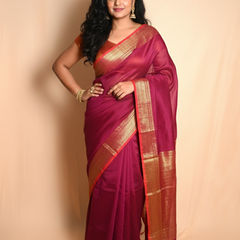 SAREEN Magenta Mangalagiri Cotton Saree with Gold Zari Border – Festive Classic