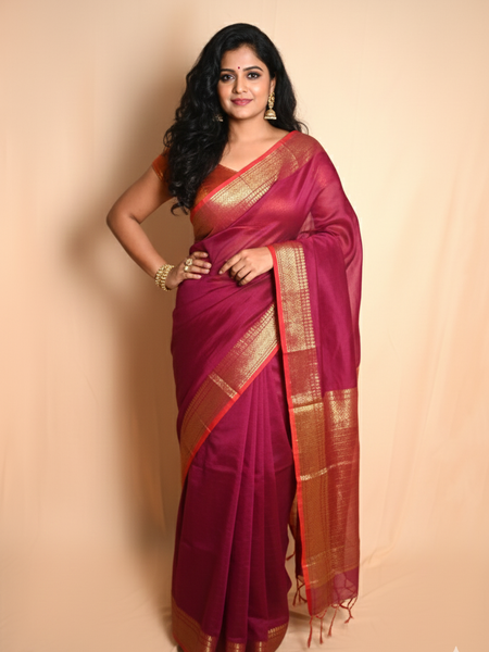 SAREEN Magenta Mangalagiri Cotton Saree with Gold Zari Border – Festive Classic