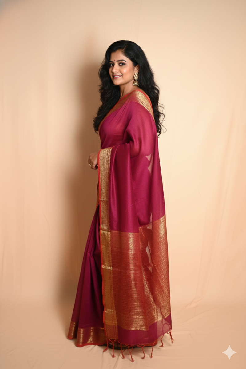 SAREEN Magenta Mangalagiri Cotton Saree with Gold Zari Border – Festive Classic