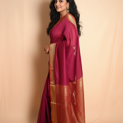 SAREEN Magenta Mangalagiri Cotton Saree with Gold Zari Border – Festive Classic