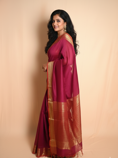 SAREEN Magenta Mangalagiri Cotton Saree with Gold Zari Border – Festive Classic